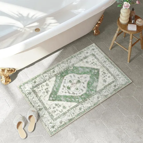 Vista 10 de Uphome Alfombra de Baño Azul Boho Desgastada Alfombra de Baño Oriental Suave de Pelo Largo Antideslizante Alfombra de Baño Lavable a Máquina Vintage