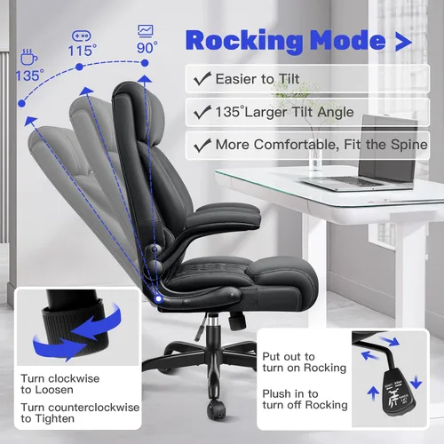 Vista 5 de Silla ejecutiva de oficina de respaldo alto - Escritorio ergonómico para computadora con función de balanceo, de cuero para gerencia