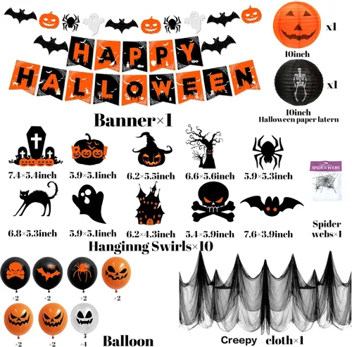 Vista 6 de Decoraciones de Halloween, decoraciones de fiesta de Halloween naranja y negro, remolinos colgantes, pancarta de araña de fantasma y murciélago