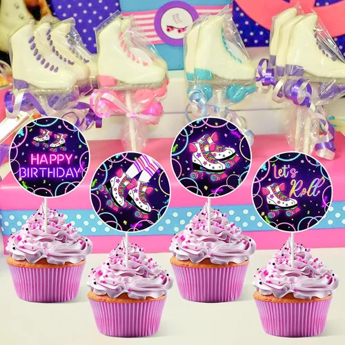 Vista 2 de TWO WILD 24 piezas de decoración de pastel de cumpleaños para patinaje de neón, suministros de fiesta de patinaje - Decoración de plástico