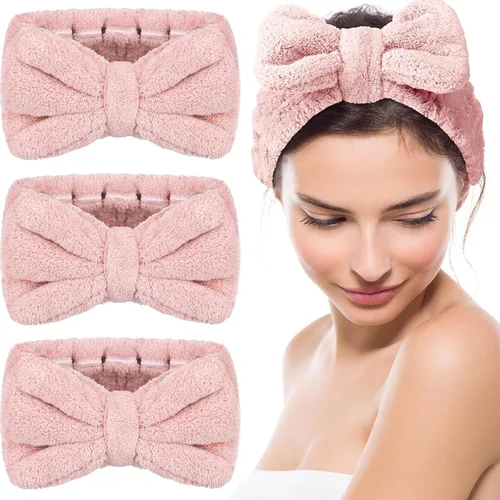 Vista 10 de Hicarer Diadema de toalla de 3 piezas para mujer, para maquillaje, spa, para lavarse la cara y la ducha (beige)