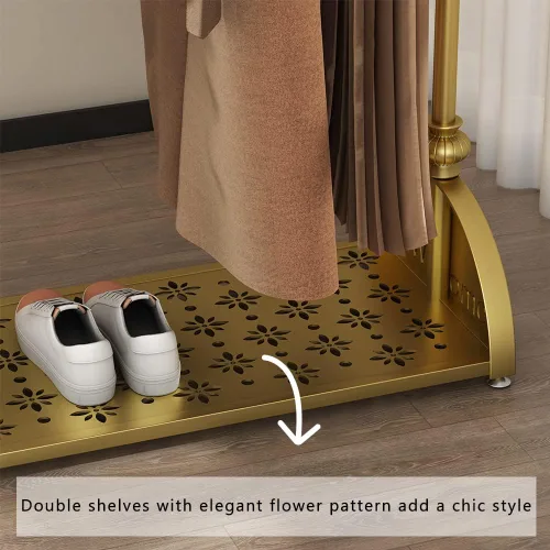 Vista 4 de Perchero de Ropa Dorado, Perchero de Ropa Industrial para Colgar Ropa con Estantes Dobles Independiente Multifuncional de Servicio Pesado Perchero