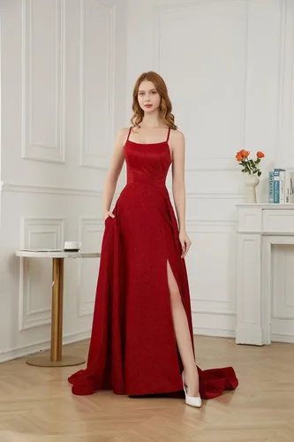 Vista 5 de yinyyinhs Vestidos de fiesta de satén con purpurina para mujer, con tirantes delgados, abertura, vestidos formales de noche con bolsillos