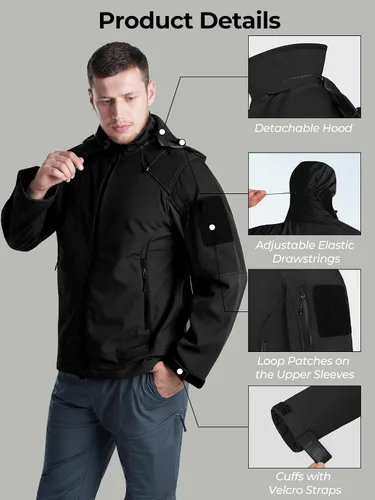 Vista 6 de Chaqueta impermeable de softshell para hombre, resistente al viento con forro polar para invierno con capucha, ligera y cálida