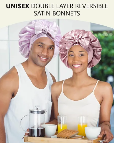 Vista 2 de Gorras de satén de seda para mujeres, envoltura de cabello rizado para dormir, gorra reversible con banda de corbata, gorra de dormir de doble capa