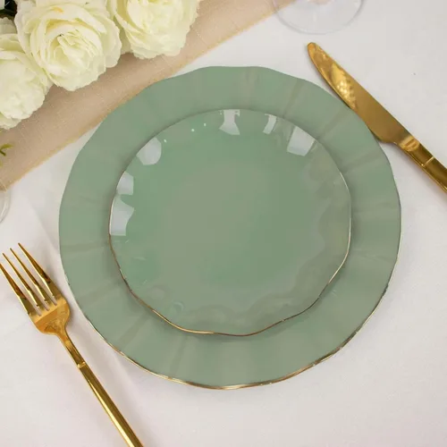 Vista 97 de Tableclothsfactory Paquete de 10 platos redondos de plástico negro de 6 pulgadas para ensalada de postre, platos desechables con borde ondulado