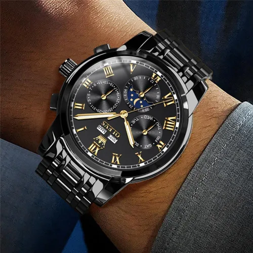Vista 3 de OLEVS Relojes para hombre automático mecánico de cuerda automática reloj de pulsera multifunción calendario impermeable luminoso