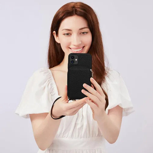 Vista 2 de Funda para iPhone 11 de 6.1 pulgadas, cartera cruzada con cremallera y ranuras para tarjetas de bloqueo RFID, soporte de soporte, cordón desmontable