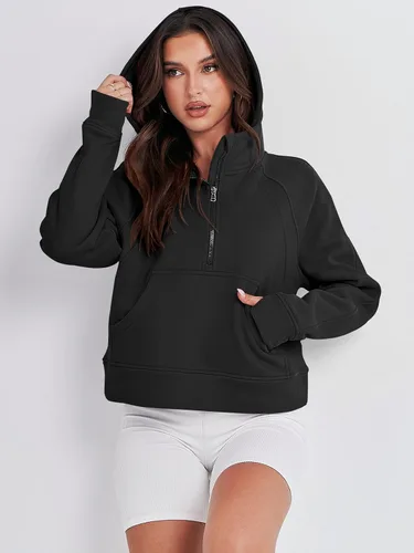 Vista 9 de ANRABESS Sudaderas con capucha corta con media cremallera para mujer, sudadera de forro polar con cremallera de un cuarto, ropa de invierno 2023