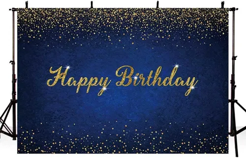 Vista 6 de AIBIIN Fondo de cumpleaños azul oscuro de 7 x 5 pies, pancarta de fondo de feliz cumpleaños azul oscuro con puntos dorados para fotografía, fondo