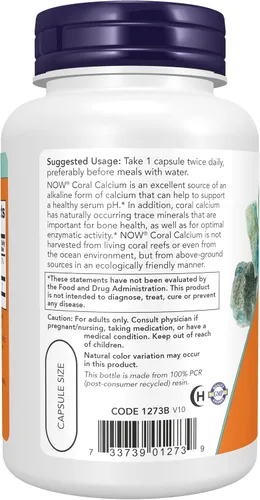 Vista 3 de NOW Suplementos, Calcio Coral 1,000 mg, Salud ósea*, Balance de pH saludable*, 100 cápsulas vegetales