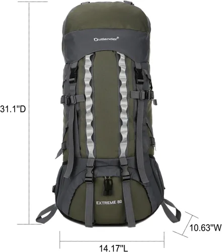Vista 2 de Mochilas de marco interno 80L con cubierta de lluvia Mochila de senderismo al aire libre Bolsa de trekking impermeable, Verde militar, Mochila