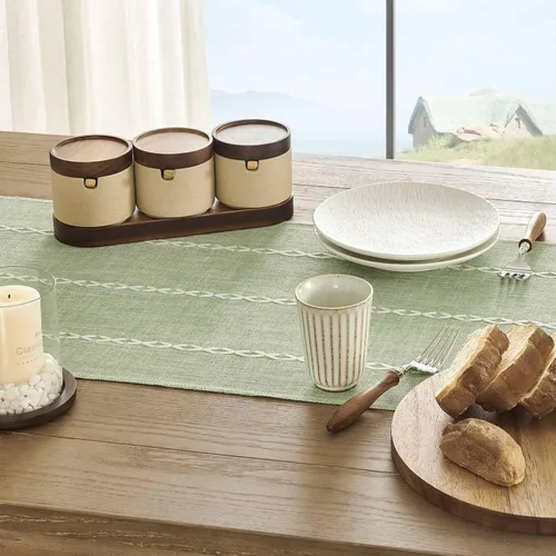 Vista 5 de ZeeMart Camino de Mesa Trenzado a Rayas Estilo Granja, Caminos de Mesa Verde Salvia Rústico 108 Pulgadas de Largo Decoración Bohemia para el Hogar