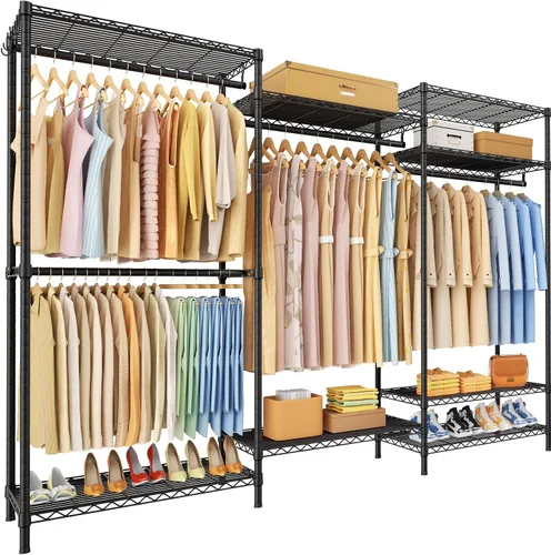 Vista 13 de Ulif E13 Perchero de Ropa de Servicio Pesado (Con 4 Barras Colgadoras y 8 Estantes) Percheros Independientes para Colgar Ropa, Organizador de Closet