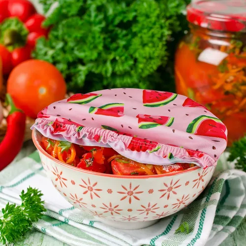 Vista 7 de 20 fundas reutilizables para tazones a granel de tela elástica de 5 tamaños, estilo verano, tapas elásticas para platos para pan, masa madre
