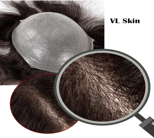 Vista 6 de Amiable Toupee para hombres, postizos de cabello humano para hombre, sistema de reemplazo de cabello humano Vlooped 0.002 in PU piel fina negro