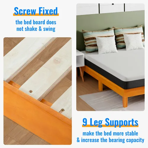 Vista 6 de PayLessHere Marco de cama de madera con plataforma tamaño Queen, sin cabecero, no necesita somier, listones de madera, soporte sin ruido, fácil