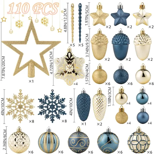Vista 6 de Juego de 110 adornos de bolas de Navidad, adornos de Navidad surtidos azules y dorados para árbol de Navidad, bolas de plástico irrompibles Azul