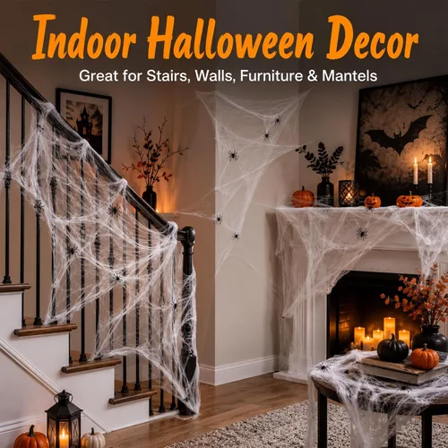 Vista 5 de MAQIHAN Telarañas de 1200 pies cuadrados para decoración de Halloween, telarañas de Halloween con 40 arañas falsas, telarañas súper elásticas