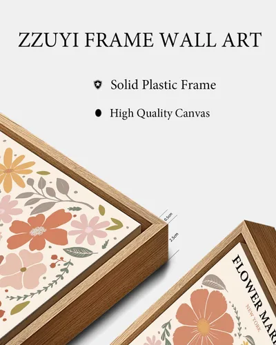Vista 6 de Zzuyi Lienzo enmarcado para mercado de flores, arte de pared, póster botánico de flores silvestres rosas, impresiones de imágenes, ilustraciones
