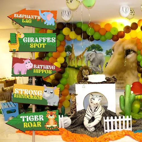 Vista 8 de 20 carteles de fiesta de safari con texto en inglés "Welcome to Jungle Safari", decoraciones de fiesta temática de animales salvajes, letreros