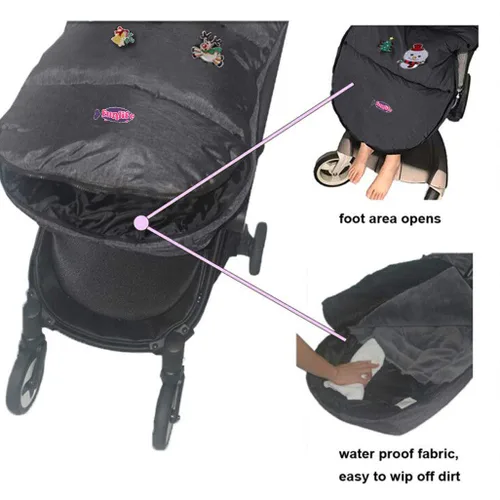 Vista 6 de Bolsa impermeable para cochecito de invierno para niños, ancho ajustable, antisuciedad, área de pies abierta, con capucha, todas las características