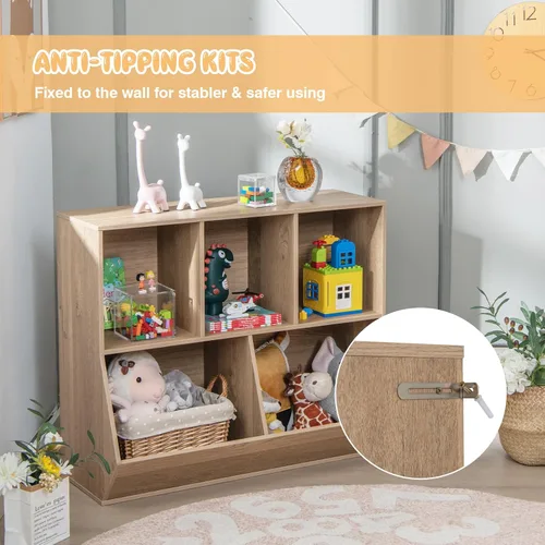 Vista 6 de Kids Bookshelf and Toy Organization,5 Cubby Open Wooden Playroom Organization and Storage, Toddler Bookshelf for Kid’s Room Bedroom Nursery
