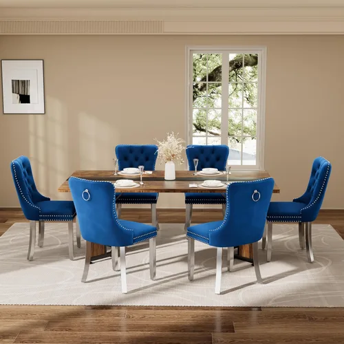 Vista 15 de Juego de mesa de comedor de 5 piezas con 4 sillas, mesa de comedor rectangular de madera de 71 pulgadas con sillas de comedor de terciopelo, tablero