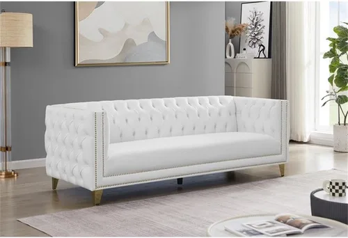 Vista 2 de Meridian Furniture 651White-S Colección Michelle Moderna Sofá contemporáneo con botones profundos, ribete dorado de cabeza de clavo y patas