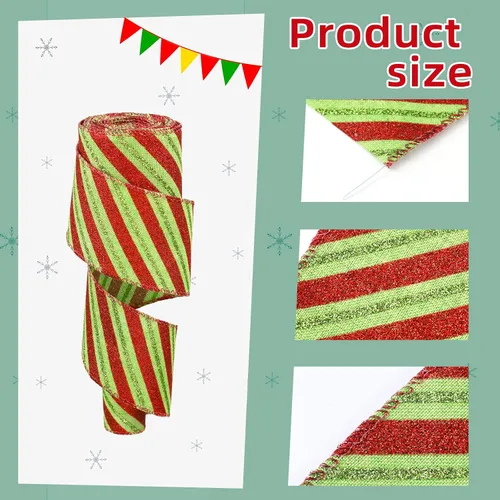 Vista 3 de 2 rollos de cinta de Navidad con puntos con alambre con rayas para envolver con alambre, cinta de tela colorida, cintas decorativas de Navidad