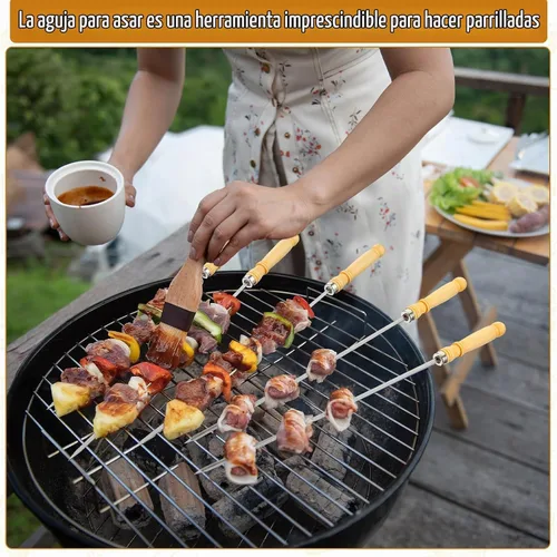 Vista 2 de Minatee Brocheta de 16 pulgadas con mango de madera para barbacoa, camping, utensilios de cocina, fogata, parrilla, cocina, acero inoxidable