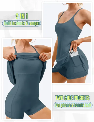 Vista 3 de Vestido de tenis para mujer, vestido de entrenamiento con brasier integrado y bolsillos cortos, vestido de verano para golf, vestidos atléticos