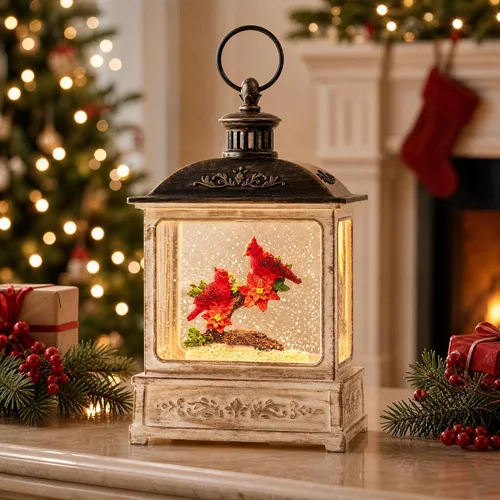 Vista 2 de Globo de nieve navideño con agua brillante, escena de cardenal con música y temporizador, linterna iluminada con USB/operada por batería
