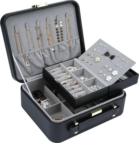 Vista 2 de V-LAFUY Joyero para mujer, organizador de joyas de viaje con bandeja de joyería para anillos, aretes, collares, pulseras y relojes, color negro