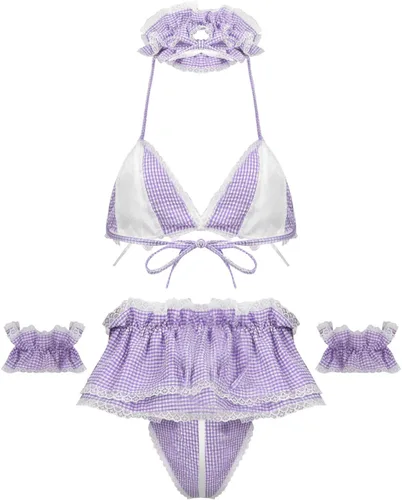 Vista 2 de Conjunto de lencería sexy para mujer, diseño de anime criada, color tartán