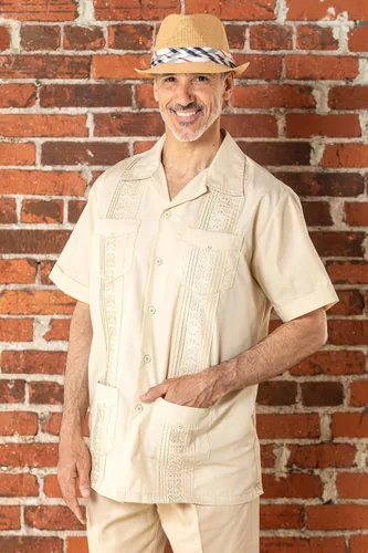 Vista 4 de Camisa de guayabera para hombre, cuatro bolsillos, manga corta, clásica, para vacaciones, boda, bordado, Pintuck, camisa relajada