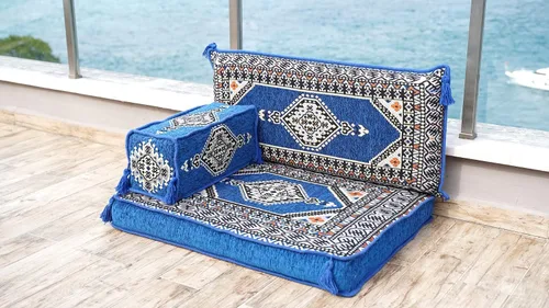 Vista 3 de Cojín de suelo turco individual – Juego de asientos tradicionales árabes Jalsa – Sofá oriental para sala de estar con almohadas de respaldo