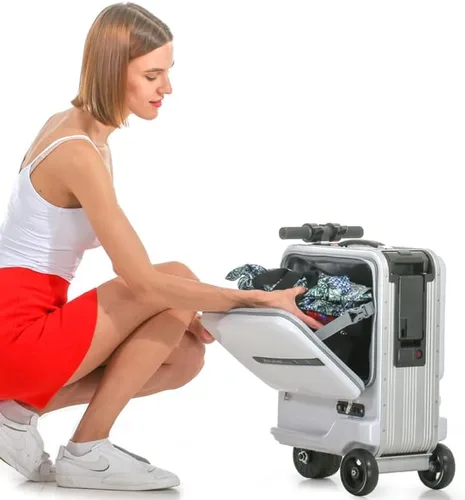 Vista 4 de SE3miniT - Equipaje eléctrico de 20 pulgadas para montar en maletas, scooters, equipaje inteligente, plateado, Maleta
