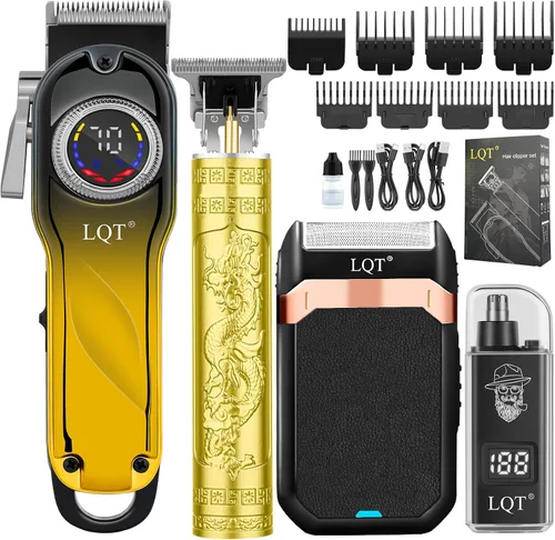 Vista 8 de Cortapelos para hombres sin cables, kit de aseo de 4 piezas con pantalla LED, regalo para él, incluye cortadoras, recortadora, afeitadora