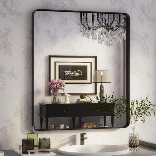 Vista 30 de ISKM Espejo con marco negro para pared de 20 x 16 pulgadas, espejo de tocador de baño antioxidante, vidrio templado, espejo rectangular redondeado