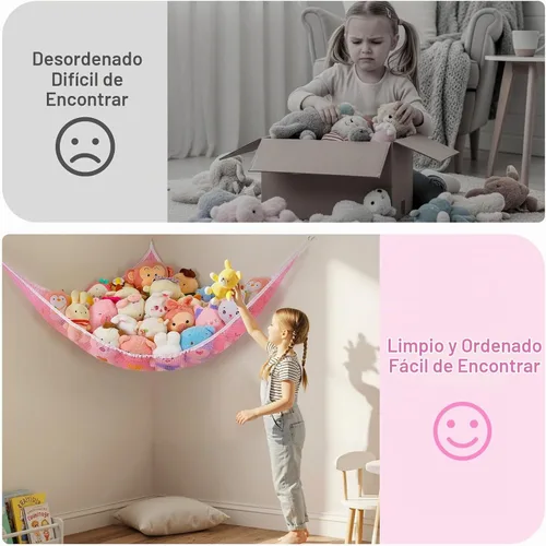 Vista 2 de Basumee Hamaca de animales de peluche con luz LED, organizador de red de juguetes de peluche, organizador de esquina para almacenamiento de animales