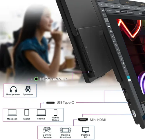 Vista 3 de Kado Monitor portátil de 15.6 pulgadas FHD 1080p, 45 W, carga inversa, monitor ultradelgado para computadora portátil, 1920 x 1080 con altavoces