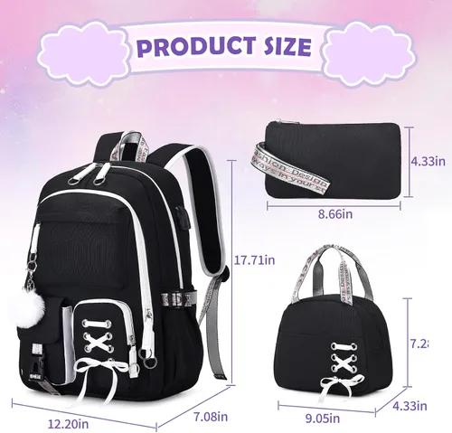 Vista 2 de ACESAK Mochilas para niñas, adolescentes, niños, escuela primaria, secundaria, universidad, mochila escolar para niños, Negro