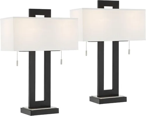 Vista 2 de 360 Lighting Neil - Juego de 2 lámparas de mesa rectangulares rústicas modernas de 26 pulgadas de alto, cadena de tracción de puerto USB, pantalla