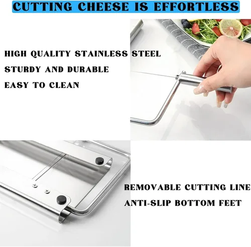 Vista 4 de Cortador de queso con tabla para queso de bloque Tabla de cortar queso ajustable resistente con 11 cables de repuesto, diseño ergonómico, cortador