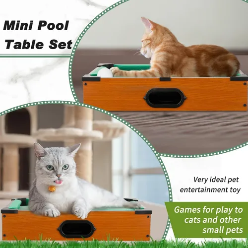 Vista 5 de Shappy Mini juego de mesa de billar Mesa de billar para gatos, juego de billar pequeño con 16 bolas, 2 palos de billar, 6 cubos de tiza, 6 puntas