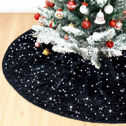 Vista 9 de FUHSY Falda de árbol de Navidad negra de 21 pulgadas, falda de árbol de lentejuelas brillantes, faldas de árbol de Halloween de terciopelo suave