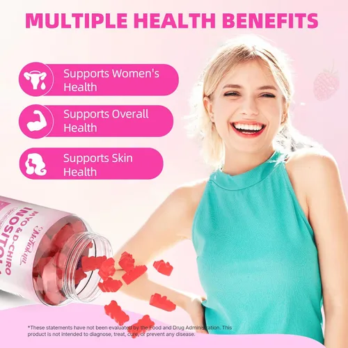 Vista 4 de Gomitas de mio-inositol y D-Chiro inositol, suplemento ideal de proporción 40:1 para mujeres con vitamina D3 y B12 para apoyar el equilibrio