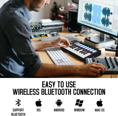 Vista 4 de M-VAVE Controlador de teclado USB MIDI de 25 teclas con 16 almohadillas de batería retroiluminadas, Bluetooth, teclado dinámico semi-pesado