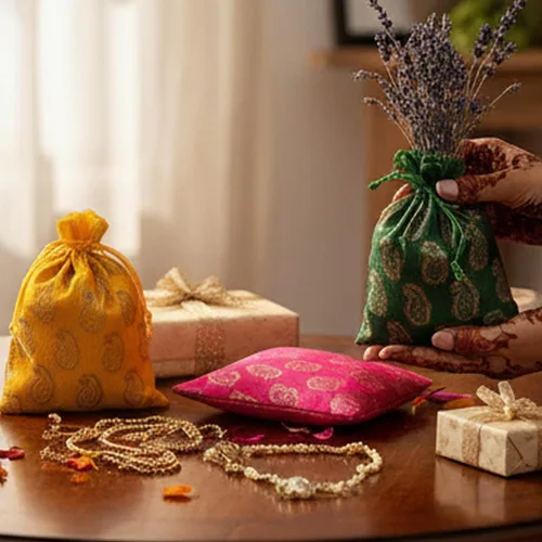Vista 5 de Touchstone Preciosas bolsas de envoltura de regalos reutilizables, respetuosas con el medio ambiente, grandes con cordón de brocado Paisley